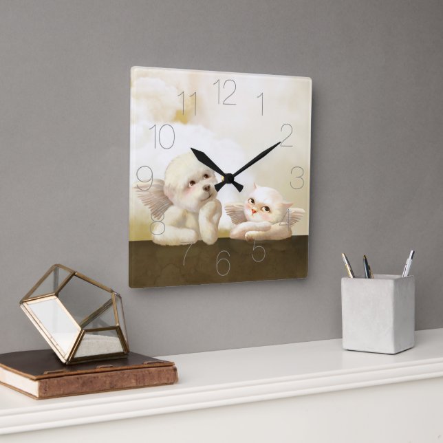Angelic Duo: Smiling Bichon & Bao Bao Cloud Square Wall Clock (Office)