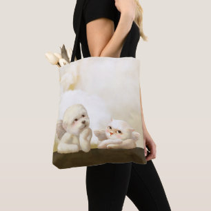 Angelic Duo: Smiling Bichon & Bao Bao Cloud Tote Bag