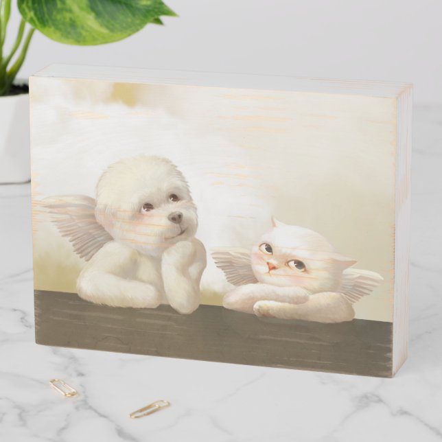 Angelic Duo: Smiling Bichon & Bao Bao Cloud Wooden Box Sign (In Situ Horizontal)