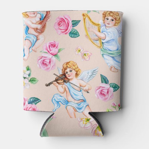 Angelic Florals Vintage Cupid Pattern Can Cooler
