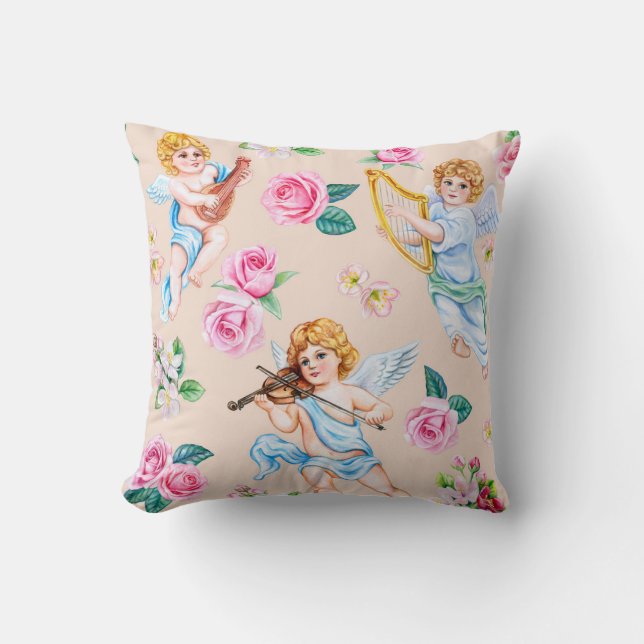 Angelic Florals: Vintage Cupid Pattern Throw Pillow (Front)
