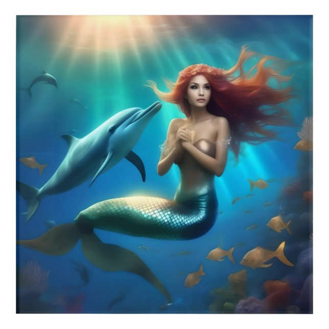 Angelic Mermaid Swimming With Dolphins, Acrylic Print (Front)