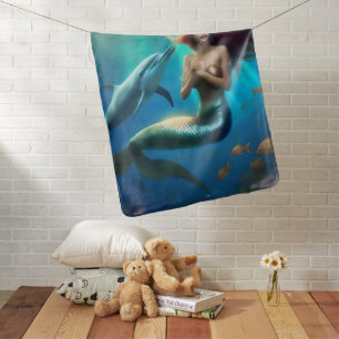 Angelic Mermaid Swimming With Dolphins, Baby Blanket