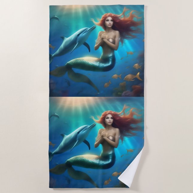 Angelic Mermaid Swimming With Dolphins, Beach Towel (Front)