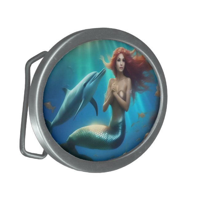 Angelic Mermaid Swimming With Dolphins, Belt Buckle (Front Left)