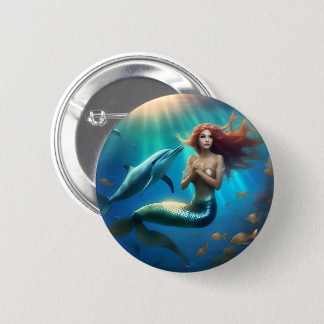 Angelic Mermaid Swimming With Dolphins, Button (Front & Back)