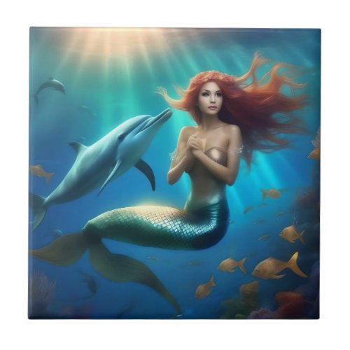 Angelic Mermaid Swimming With Dolphins Ceramic Tile