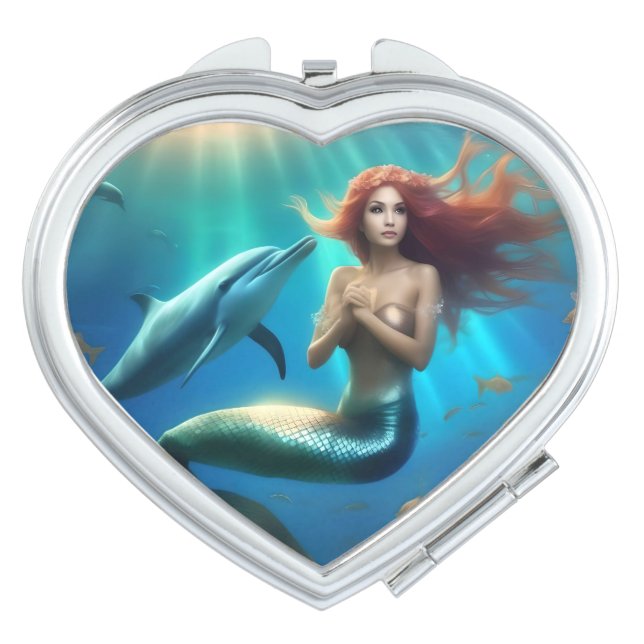 Angelic Mermaid Swimming With Dolphins, Compact Mirror (Front)