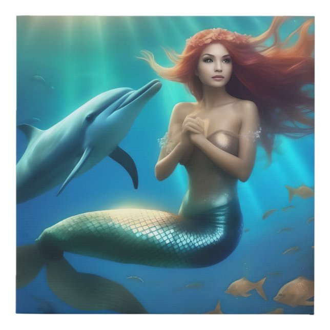 Angelic Mermaid Swimming With Dolphins, Faux Canvas Print (Front)