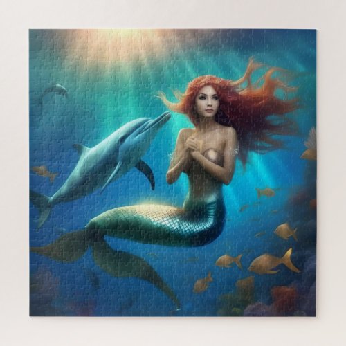 Angelic Mermaid Swimming With Dolphins Jigsaw Puzzle