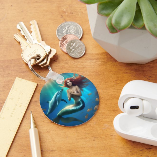 Angelic Mermaid Swimming With Dolphins, Keychain (Desk)