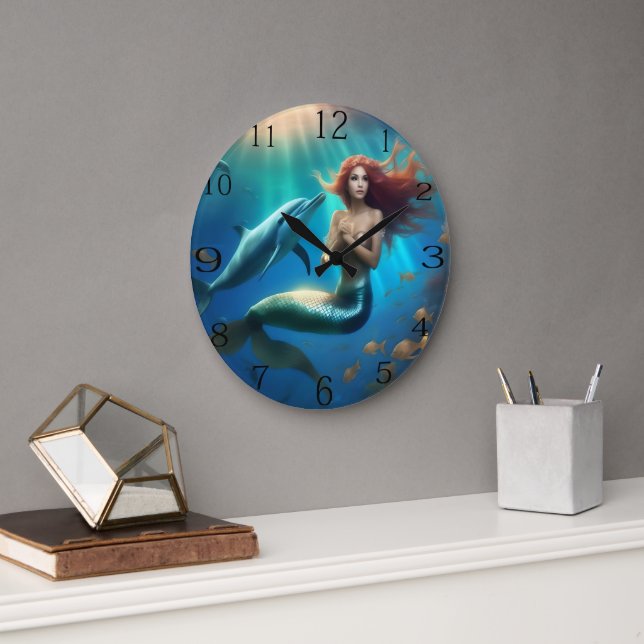 Angelic Mermaid Swimming With Dolphins, Large Clock (Office)
