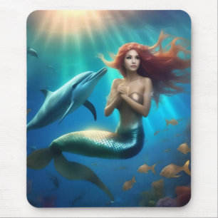 Angelic Mermaid Swimming With Dolphins, Mouse Pad