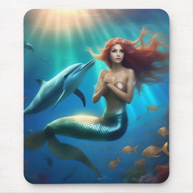 Angelic Mermaid Swimming With Dolphins, Mouse Pad (Front)