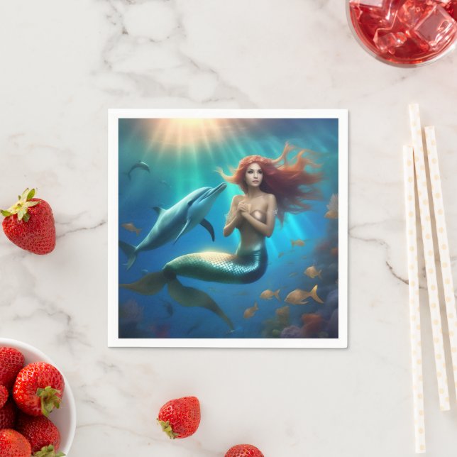 Angelic Mermaid Swimming With Dolphins, Napkins (Insitu)