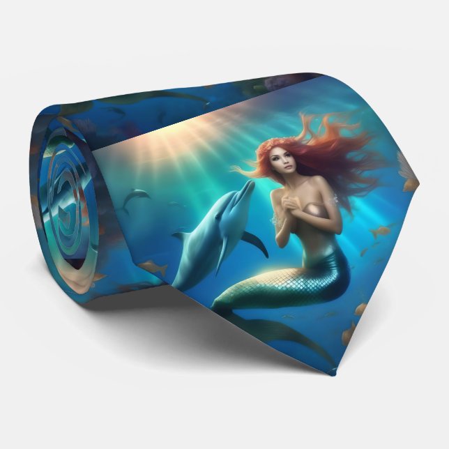 Angelic Mermaid Swimming With Dolphins, Neck Tie (Rolled)