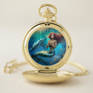 Angelic Mermaid Swimming With Dolphins, Pocket Watch