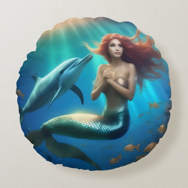 Angelic Mermaid Swimming With Dolphins, Round Pillow (Front)