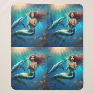Angelic Mermaid Swimming With Dolphins, Sherpa Blanket
