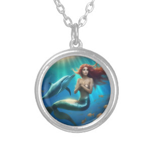 Angelic Mermaid Swimming With Dolphins, Silver Plated Necklace