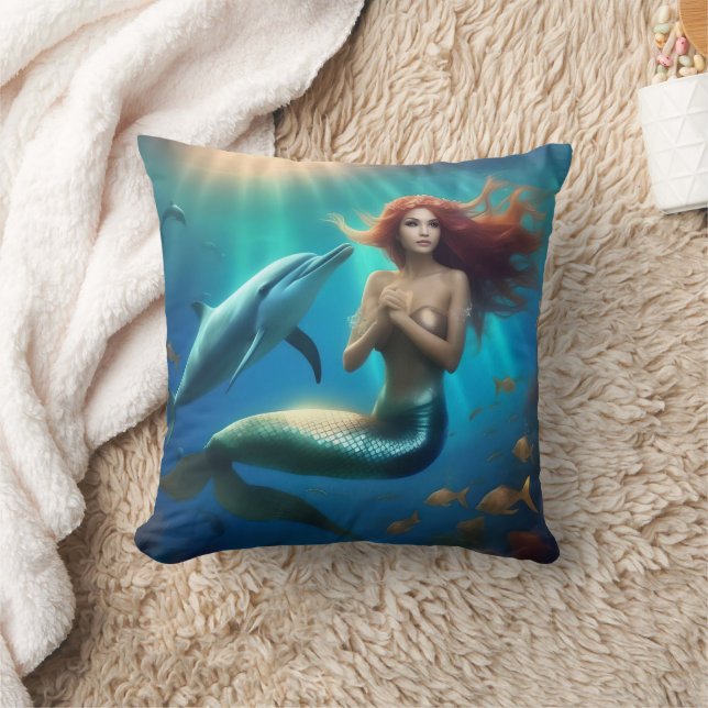 Angelic Mermaid Swimming With Dolphins, Throw Pillow (Blanket)