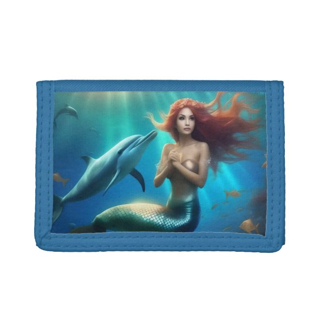 Angelic Mermaid Swimming With Dolphins, Trifold Wallet (Front)