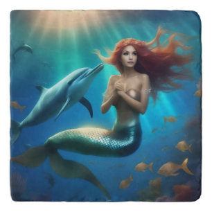 Angelic Mermaid Swimming With Dolphins, Trivet