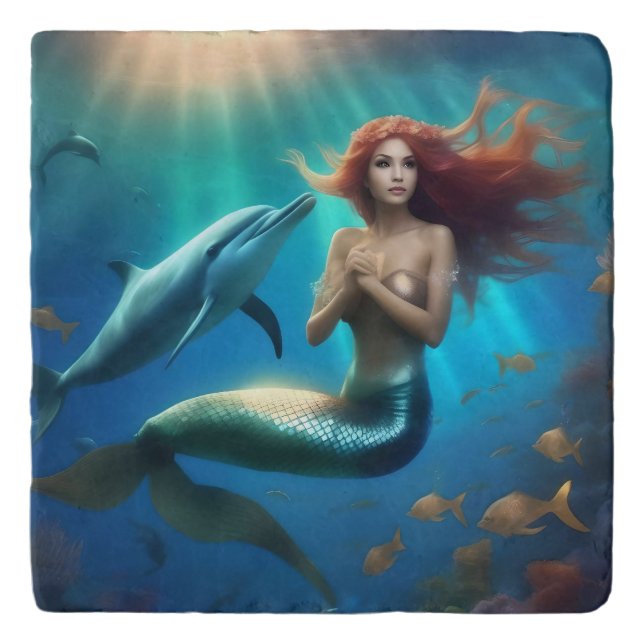 Angelic Mermaid Swimming With Dolphins, Trivet (Front)