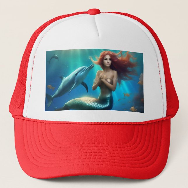 Angelic Mermaid Swimming With Dolphins, Trucker Hat (Front)