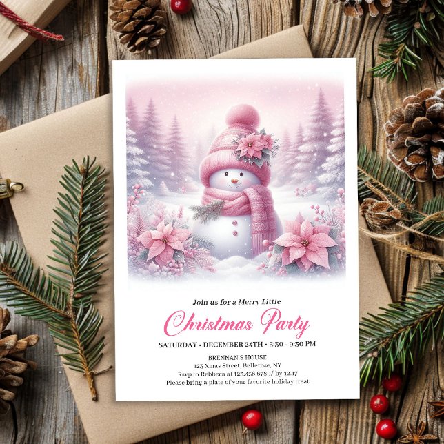 Angelic Pink Snowman Digital Christmas Invitation (Angelic Pink Snowman Digital Christmas Invite for Children)