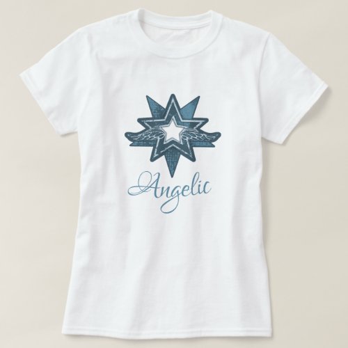 Angelic star wing art in blue graphic t_shirt