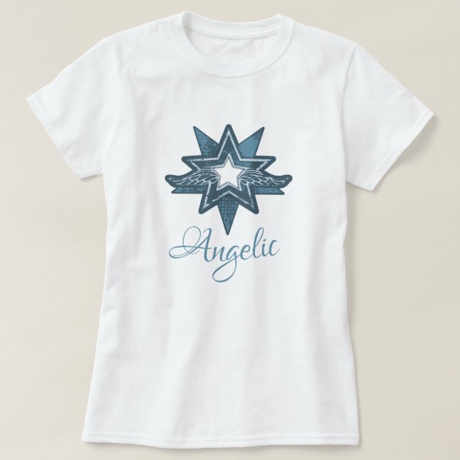 Angelic star wing art in blue graphic t-shirt (Design Front)