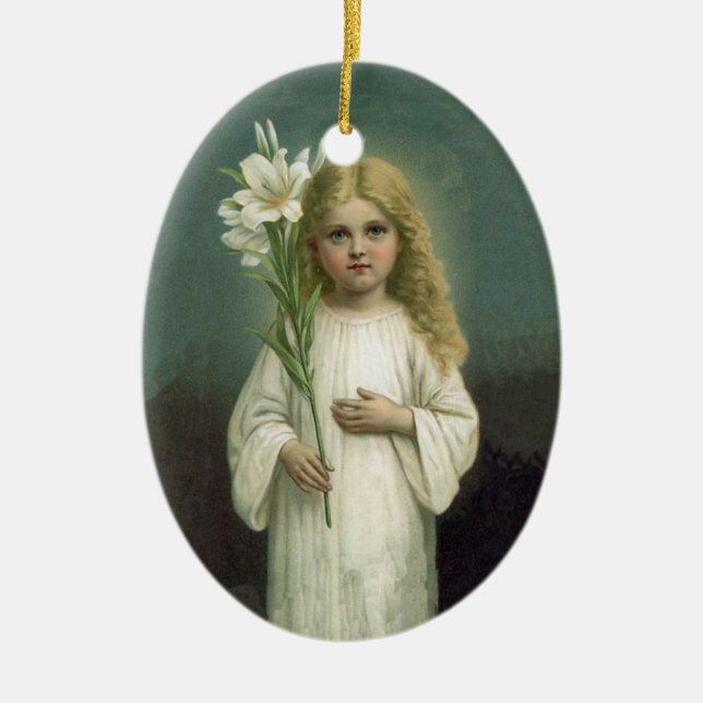 Angelic Victorian Blond Girl White Lily Green Ceramic Ornament (Front)