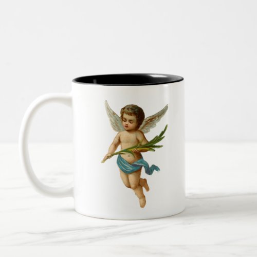 Angelic vintage baby cherub in blue with palms Two_Tone coffee mug