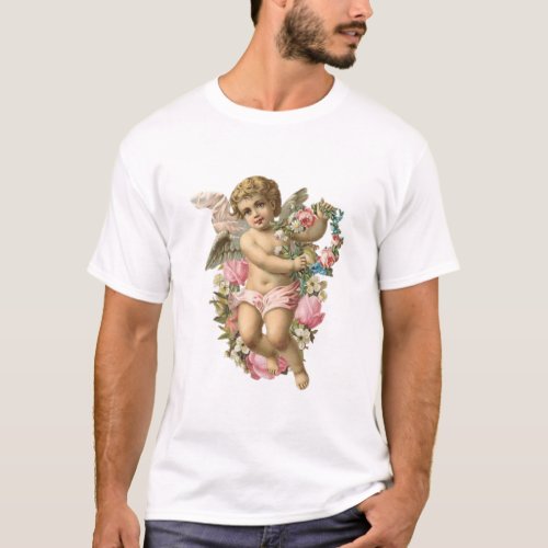 Angelic Vintage Cherub with Daisies  Pink roses T_Shirt