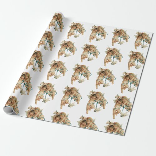 Angelic vintage cherubs playing with their doves wrapping paper