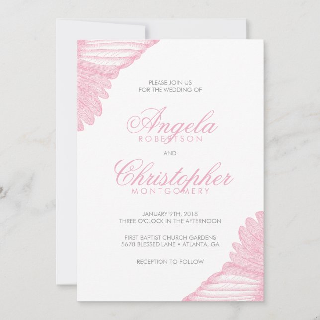 Angelic Wing Feathers Pink and Gray Invitation (Front)