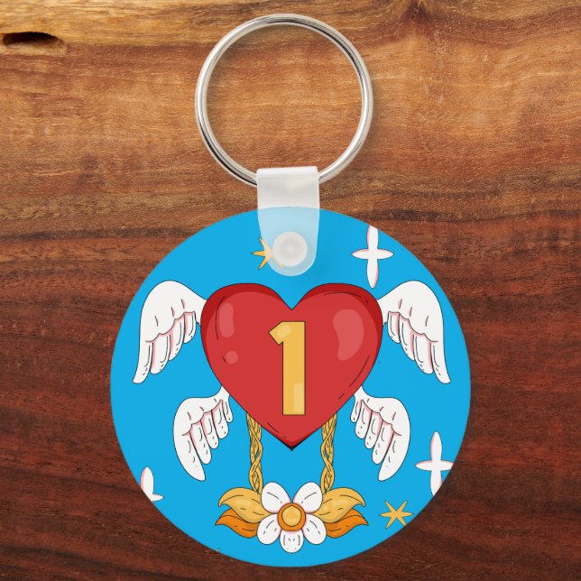 Angelic Wings Heart With Number One in The middle Keychain (Front)