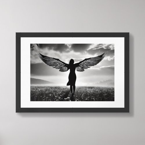 Angelic Woman Wings Black  White Beauty Framed Art