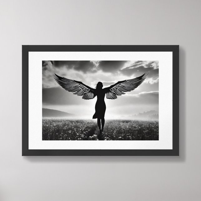 Angelic Woman Wings: Black & White Beauty Framed Art (Framed Front)