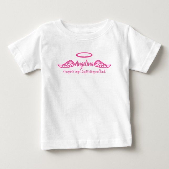Angelina girls name & meaning angel wings pink baby T-Shirt (Front)