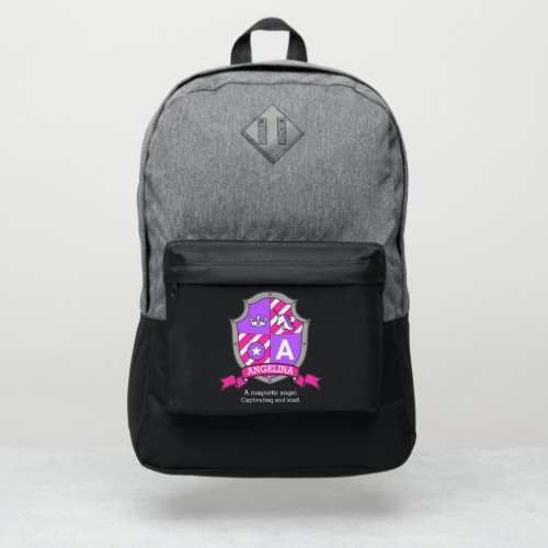Angelina name meaning crest unicorn pink purple port authority backpack