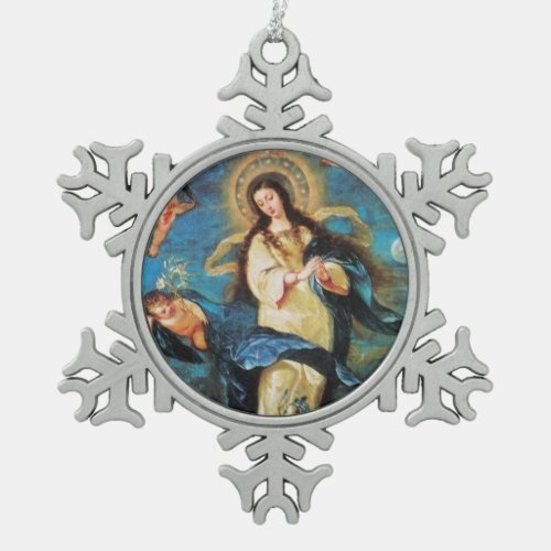 Angels and Immaculate Conception of Virgin Snowflake Pewter Christmas Ornament