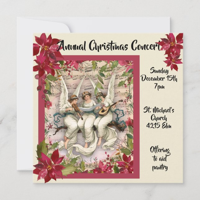 Angels and Poinsettia Christmas Concert Invitation (Front)