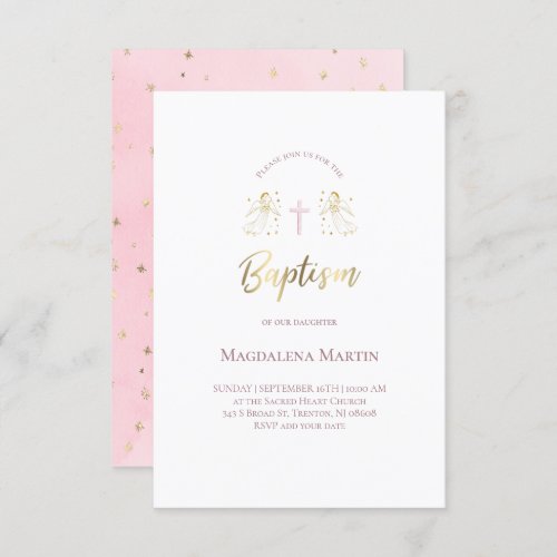 Angels and stars baby girl Baptism Invitation