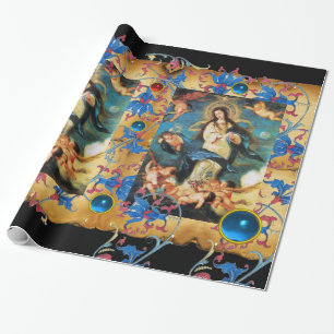 ANGELS AND VIRGIN PARCHMENT,RED BLUE FLOWERS,GEMS WRAPPING PAPER