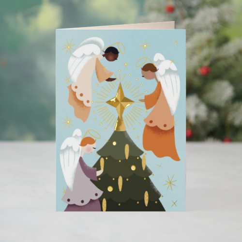 Angels Around the Christmas Tree Foil Holiday Card