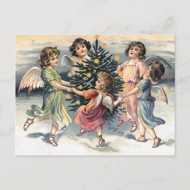 Angels dancing around the Christmas tree Holiday Postcard (Front)