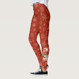 Angels Decorating Gold Snowflakes Red Leggings