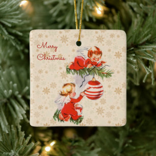 Angels Decorating the Christmas Tree Ceramic Ornament